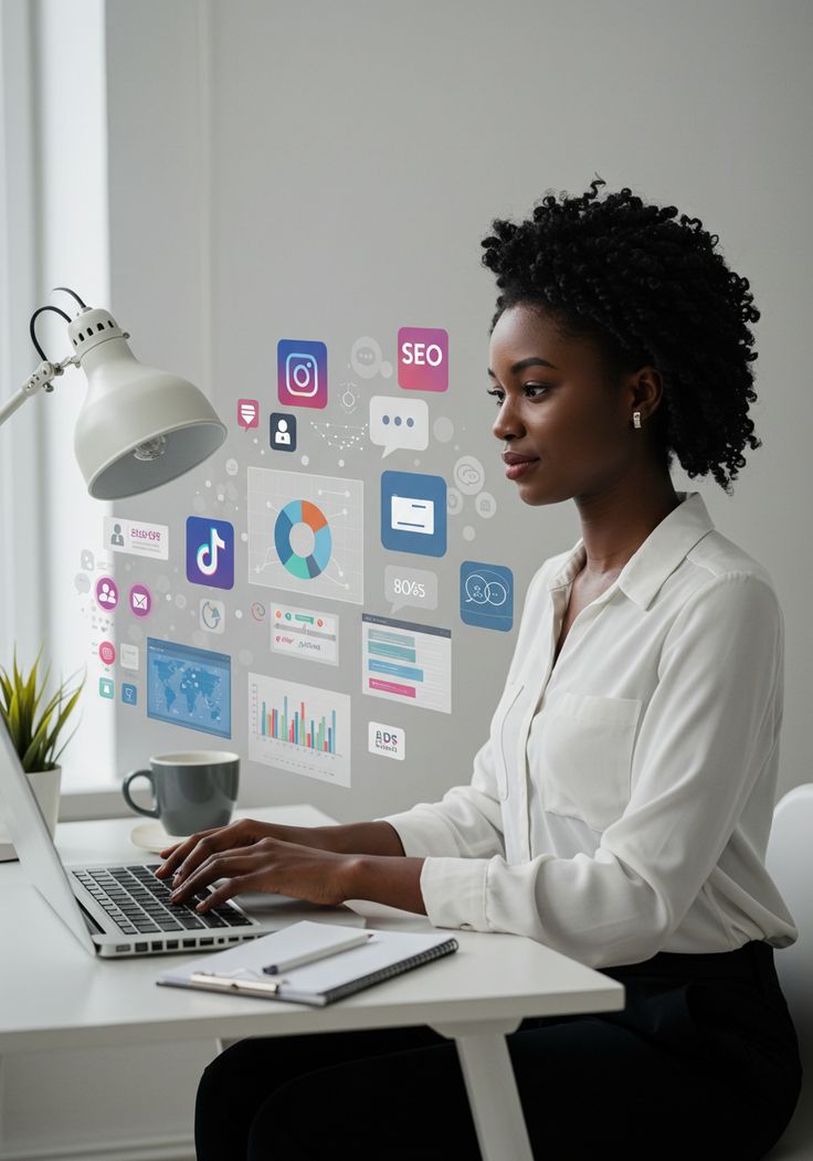 Professionnelle africaine gérant des campagnes de marketing digital et réseaux sociaux