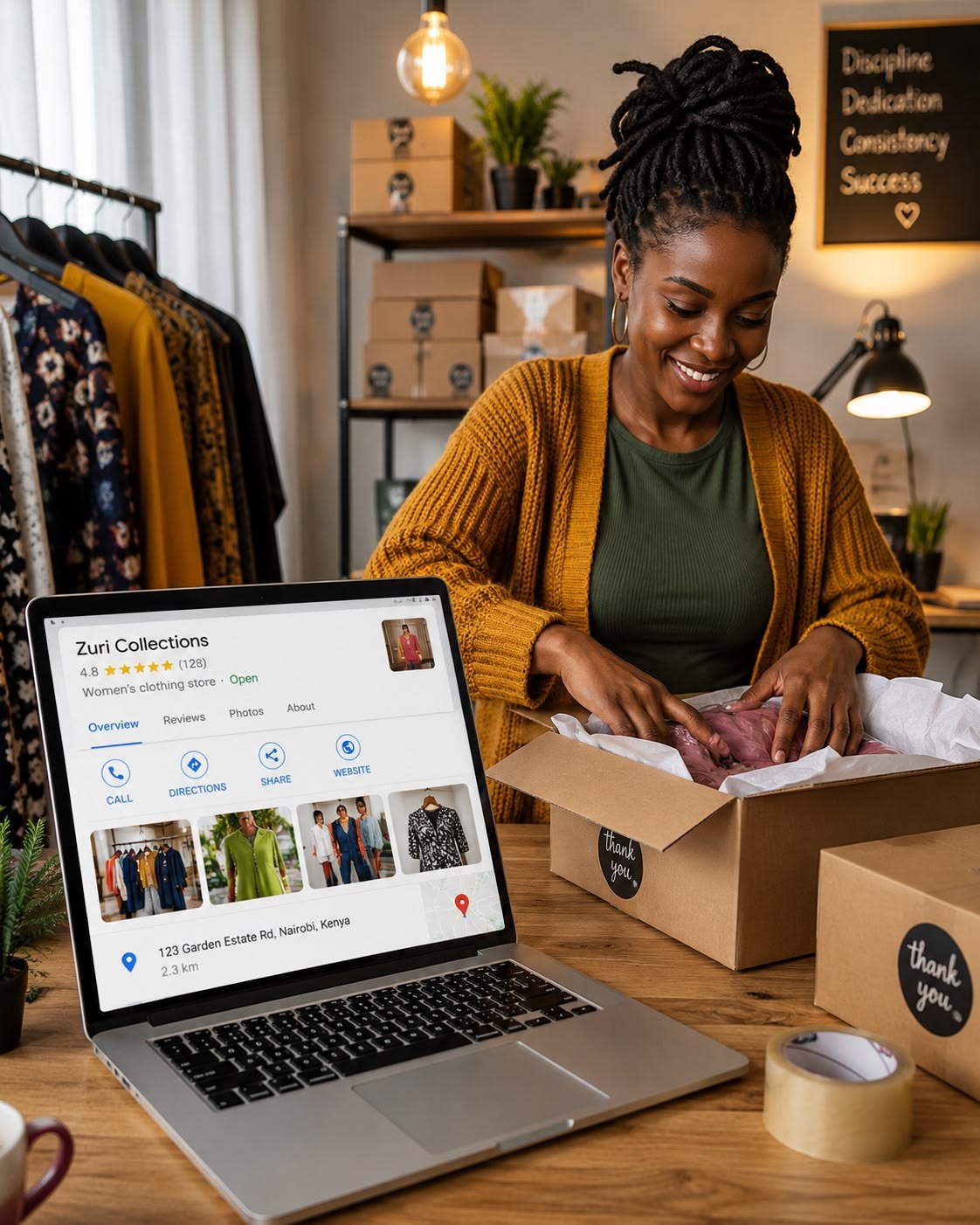 Commerçante africaine gérant sa boutique en ligne et sa fiche Google sur un ordinateur portable